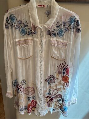 Johnny Was White Embroidered Floral Button-Down Blouse Size Small